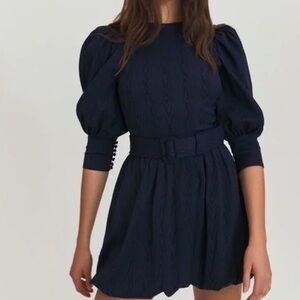 Something Navy Blue Pleated Puff Sleeve Mini Dress